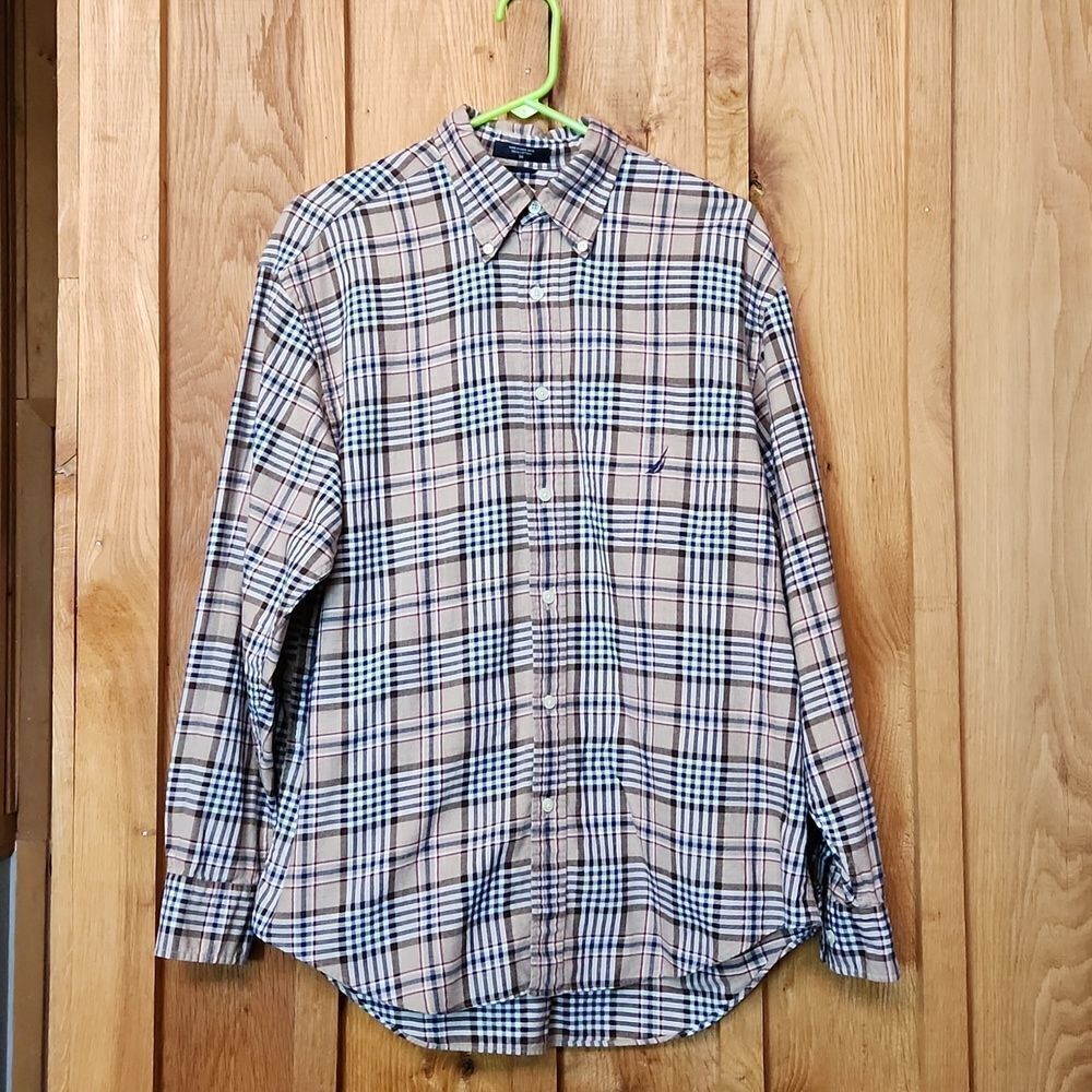 Nautica Long Sleeve Button Down Casual Shirt, Medium, Brown & Black Plaid